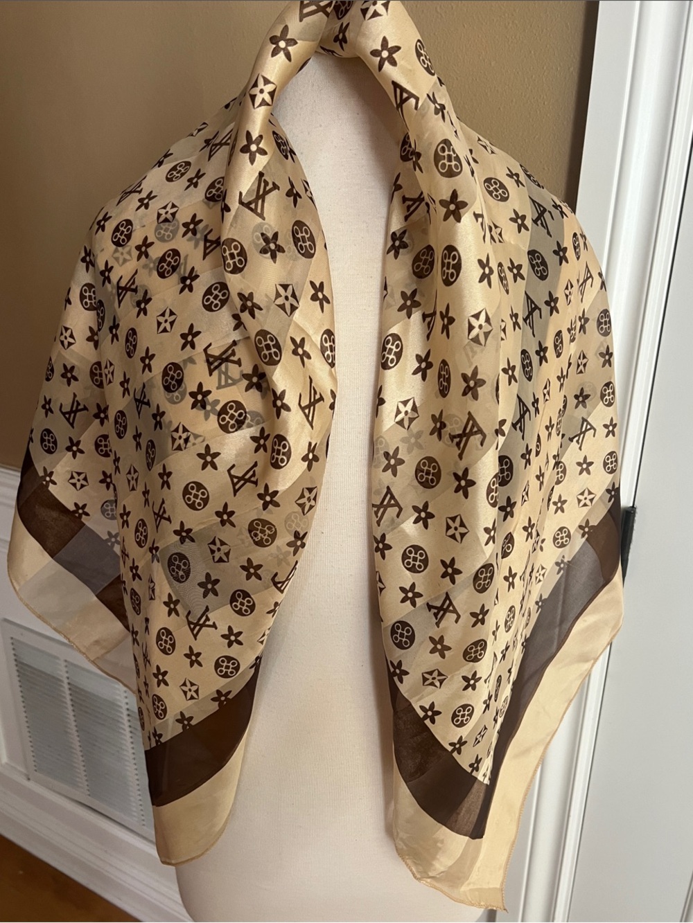 LV Neutral Logo-Print Silk-Feel Scarf Wrap